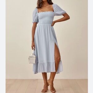 Reformation Meadow Dress in Mineral Light Blue Midi Short Puff Sleeves